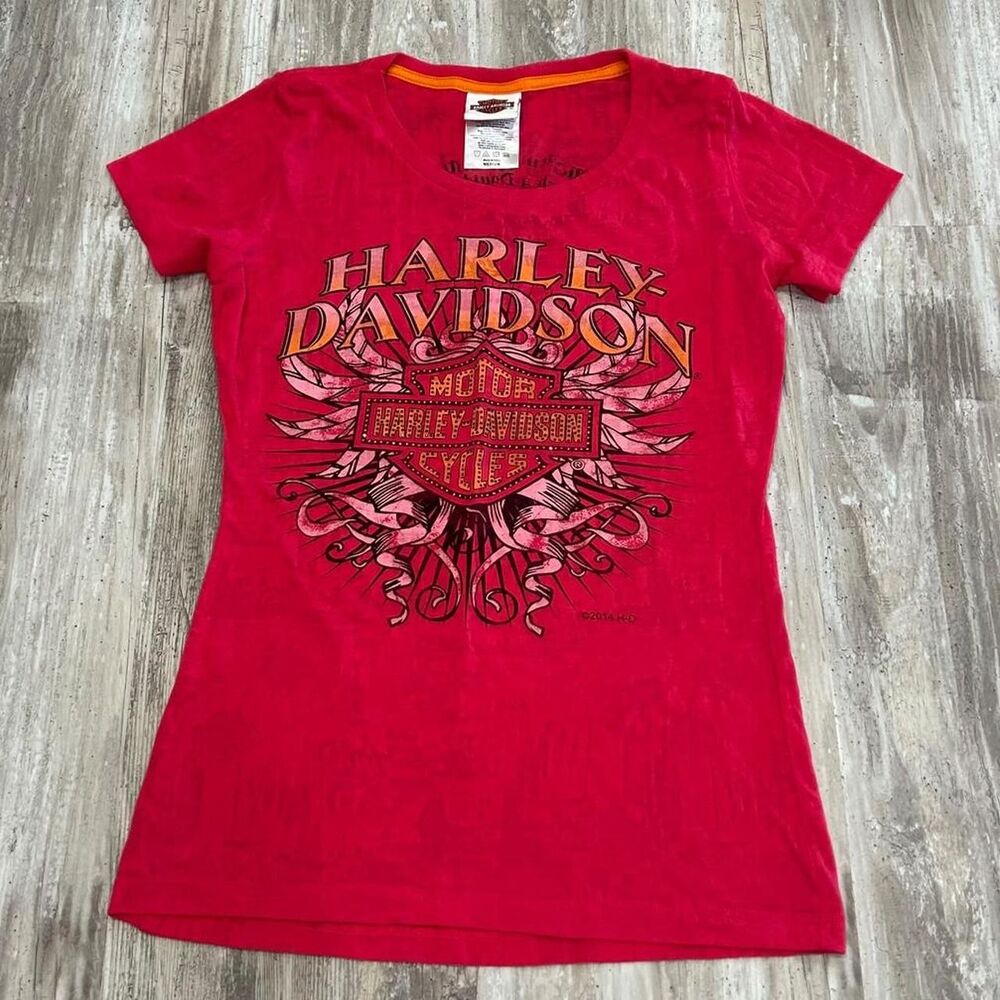 Harley Davidson Women's 2000s y2k grunge biker pink rhinestone graphic t-shirt